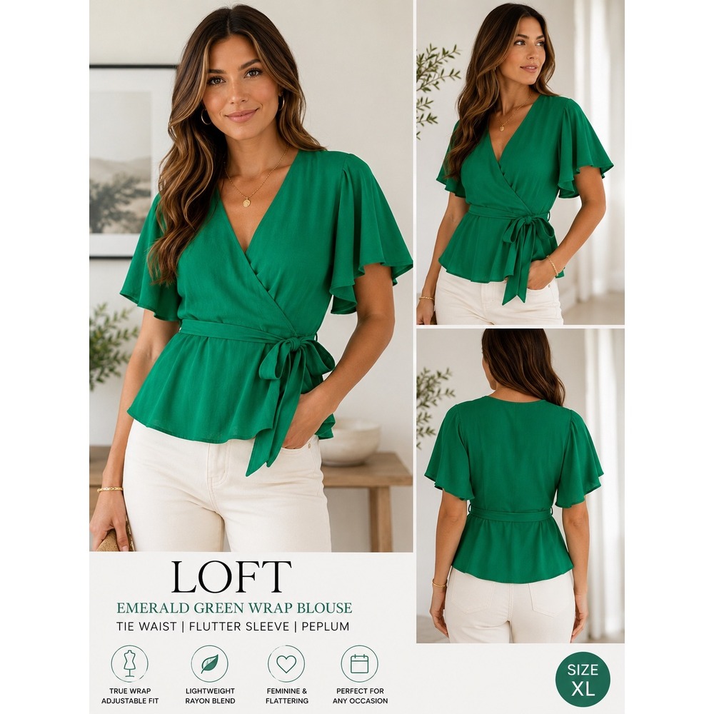 LOFT Emerald Green Wrap Blouse XL Tie Waist Flutter Sleeve Peplum Romantic Top